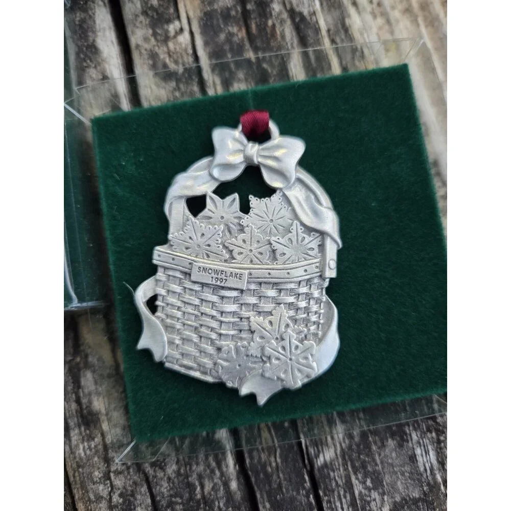 4 Longaberger Pewter Baskets 1998, 1999, 2000, 2002 Christmas Ornaments 77455‎